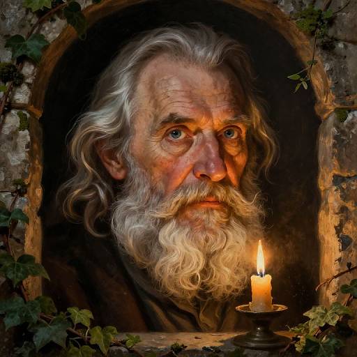 Digital painting of an elderly man with a long white beard, glowing eyes, and a candlelit face, framed by ivy in a dark, stone
