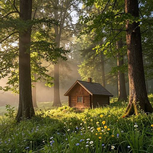 Serene Forest Clearing with Cabin