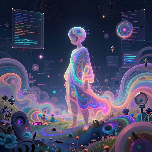 Digital art of a glowing, neon, humanoid figure with flowing, colorful, wave-like patterns, standing in a cosmic, tech-infused, flower-filled