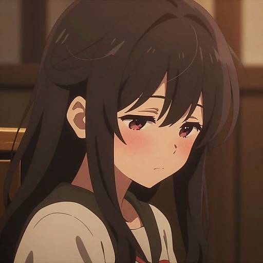Anime-style digital drawing of a sad, blushing girl with long black hair and pink eyes, wearing a white and black sailor uniform, in a dim