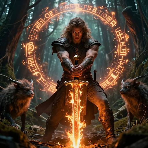 Digital fantasy artwork of a fierce, long-haired warrior with glowing orange runes, holding a flaming sword, flanked by two horned creatures, in a