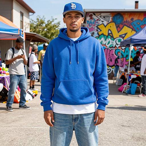 Photograph of a young Black man in a blue hoodie, jeans, and Dodgers cap, standing in front of a colorful graffiti-covered building at an outdoor