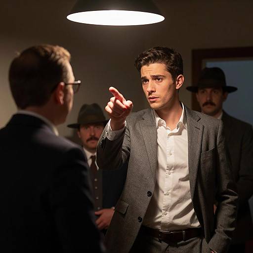 Photograph of a dark-haired man in a gray suit and white shirt, pointing, illuminated by a black pendant light, surrounded by three men in hats
