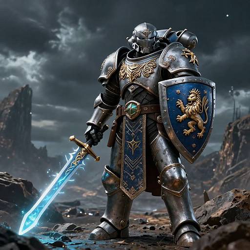 Digital artwork of a fierce, armored knight wielding a glowing blue sword, shield with lion emblem, standing in a stormy, rocky landscape.