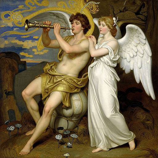 Classical painting of a muscular, shirtless young man with curly brown hair playing a trumpet, accompanied by a fair-skinned, winged woman in