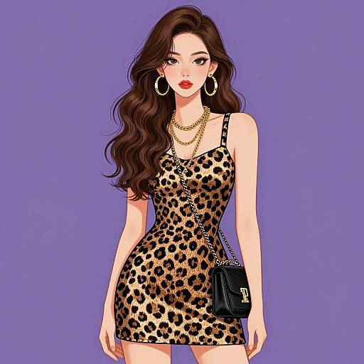 Digital illustration of a stylish woman with long, wavy brown hair, wearing a leopard-print dress, gold jewelry, and a black Chanel purse, set