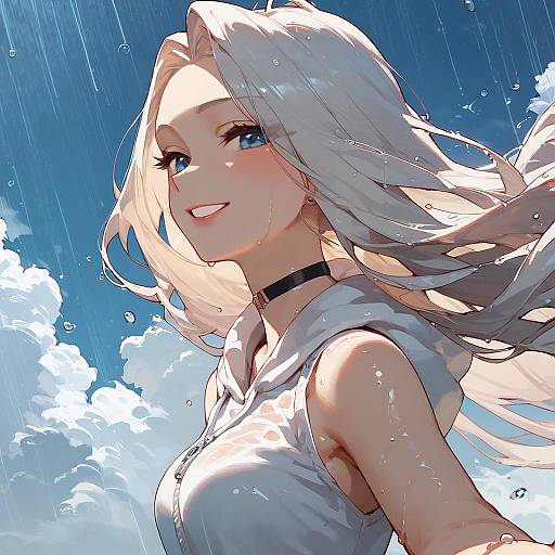 Anime-style digital drawing of a smiling blonde woman with blue eyes, wet white hair, wearing a sleeveless white top and black choker, against a
