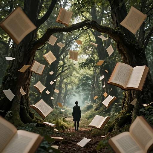 Photograph-like digital art: Silhouetted figure stands in enchanted forest archway, surrounded by floating, glowing open books, dappled sunlight