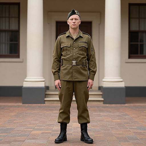 Photograph of a stern-looking Caucasian male soldier in olive-green military uniform, black cap, and boots, standing in front of a white-columned building