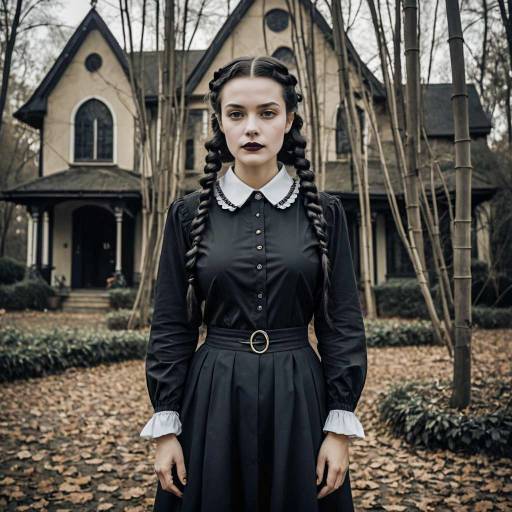 Woman in Gothic Wednesday Addams Outfit Outdoors