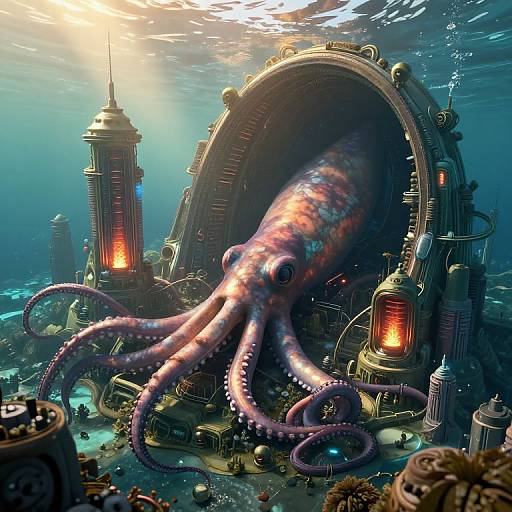 Digital artwork of a giant, pink and purple octopus emerging from a massive, open, steampunk-style underwater structure surrounded by lit lanterns and