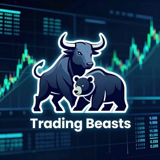 Digital graphic of a glowing, blue bull and bear logo with 