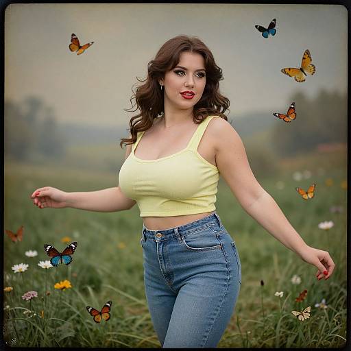 Photograph of a curvy, fair-skinned woman with wavy brown hair, wearing a yellow crop top and blue jeans, surrounded by colorful butterflies