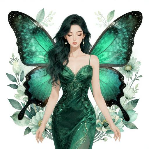 Digital illustration of a beautiful woman with long black hair, wearing a green dress and teal butterfly wings, surrounded by white flowers.