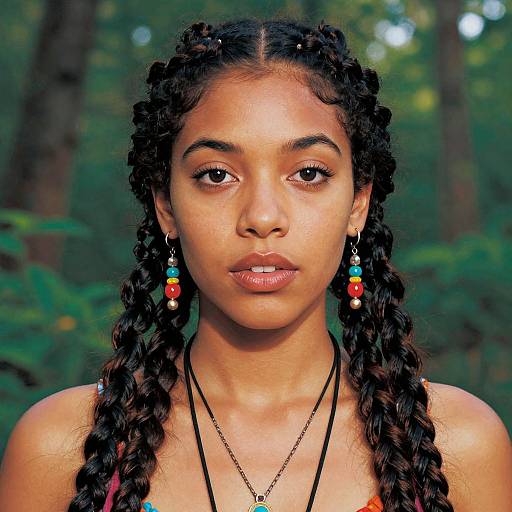 Photograph of a young Black woman with braided hair, wearing colorful bead earrings and a black necklace, in a forest background.