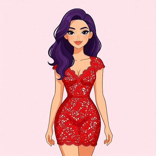 Digital anime-style illustration of a beautiful woman with long purple hair, wearing a red lace, form-fitting dress, smiling confidently.