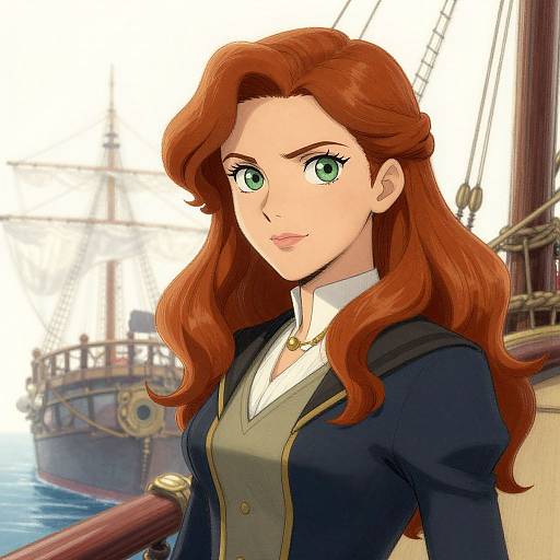 Digital anime-style drawing of a red-haired woman with green eyes, wearing a navy jacket and white shirt, standing on a ship deck with sails in the