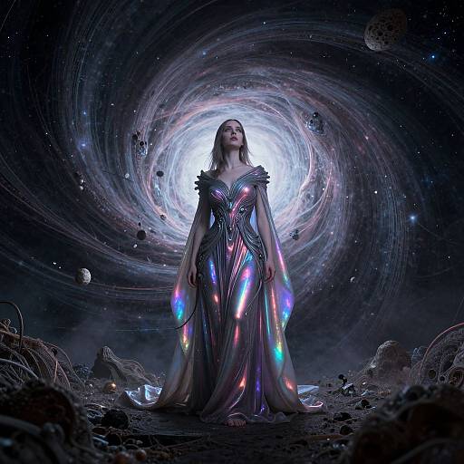 Digital art of a glowing, ethereal woman in a shimmering, multicolored gown standing on a rocky planet, surrounded by a swirling, cosmic