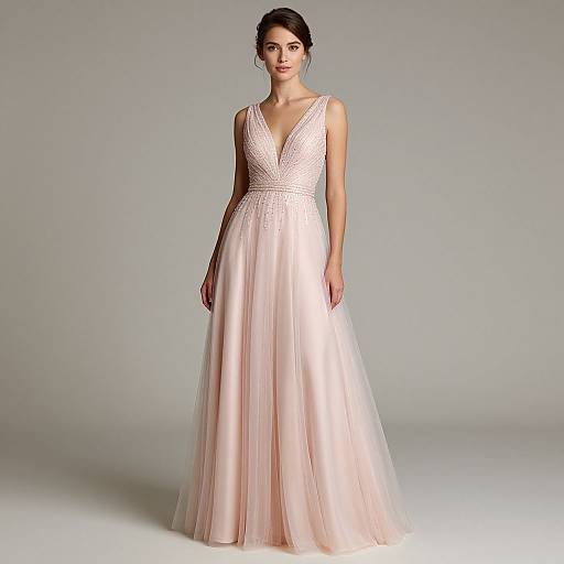 Photograph of a woman with dark hair in an elegant, sleeveless, pink ball gown with a deep V-neck and tulle skirt, standing against