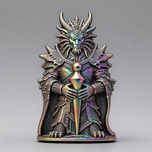 Detailed digital rendering of a regal, horned, armored dragon holding a glowing, triangular staff with iridescent colors, set against a gradient gray