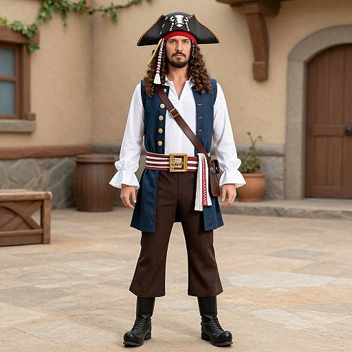 Photograph of a bearded man with long curly hair, dressed as a pirate in a tricorn hat, white shirt, blue vest, black pants