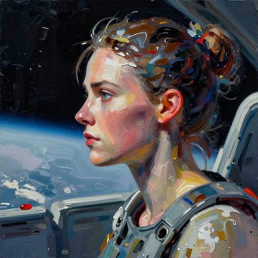 Digital painting of a focused astronaut woman with brown hair in a bun, wearing a white space suit, gazing at Earth from space. Bold, vibrant