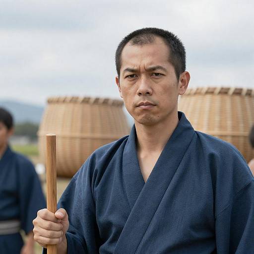 Serious Asian Man in Blue Kimono