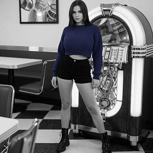 Black-and-white photograph of a young woman with long dark hair, wearing a navy sweater, black shorts, and boots, standing in front of a retro