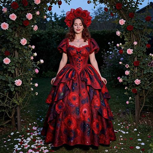 Photograph of a woman with wavy brown hair, wearing a red and black floral ball gown, red rose headpiece, standing in a rose-covered