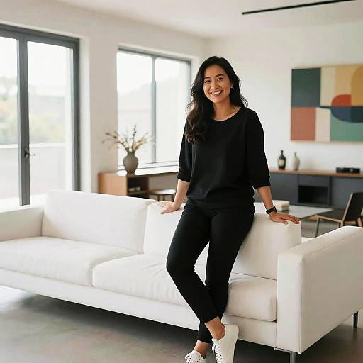 Photograph of an Asian woman with long black hair, smiling, wearing a black top, black pants, and white sneakers, seated on a white couch