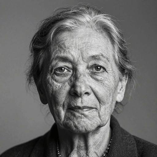 Black-and-white portrait of an elderly woman with wrinkles, short gray hair, and subtle expression, wearing a dark jacket, against a plain gray background.