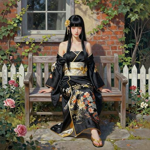 Photorealistic Woman in Kimono Garden