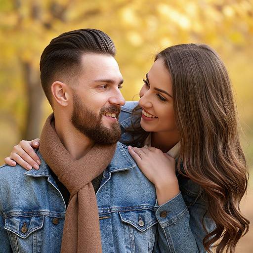 Photograph of a smiling bearded man with dark hair and brown scarf, standing close to a long-haired brunette woman, both wearing denim jackets, against