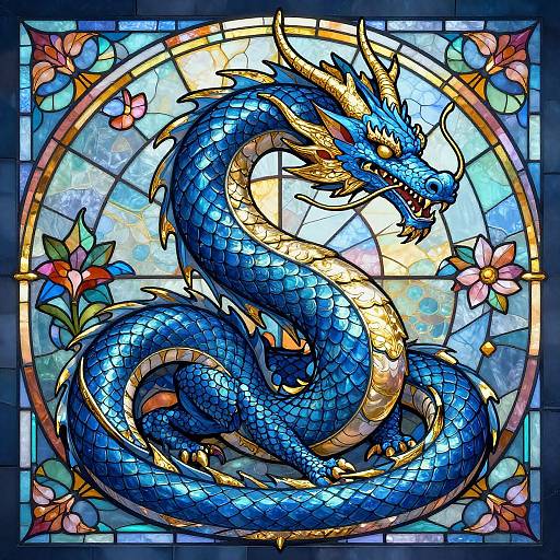 Vibrant stained glass artwork of a blue and gold dragon with intricate scales, surrounded by flowers, and set within a circular frame.