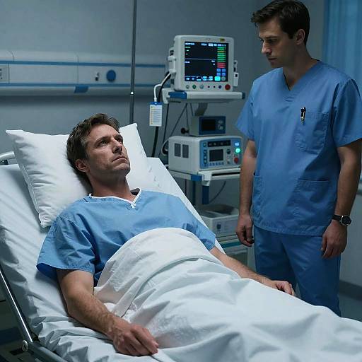 Photograph: Serious male patient in blue hospital gown, covered with white blanket, in hospital bed; male nurse in blue scrubs stands beside, monitoring