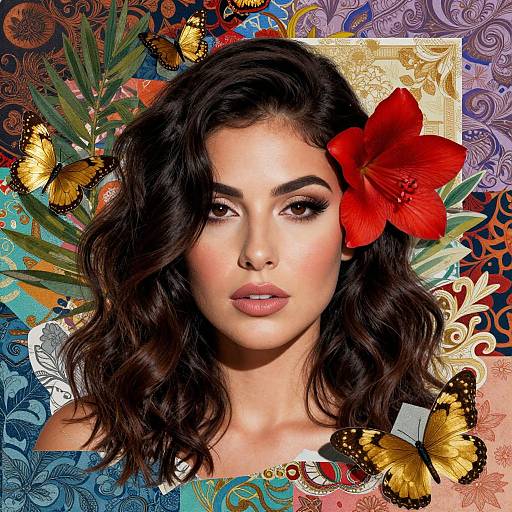 Photograph of a beautiful woman with wavy dark hair, a red flower, and butterfly backdrop, featuring vibrant colors and intricate patterns.