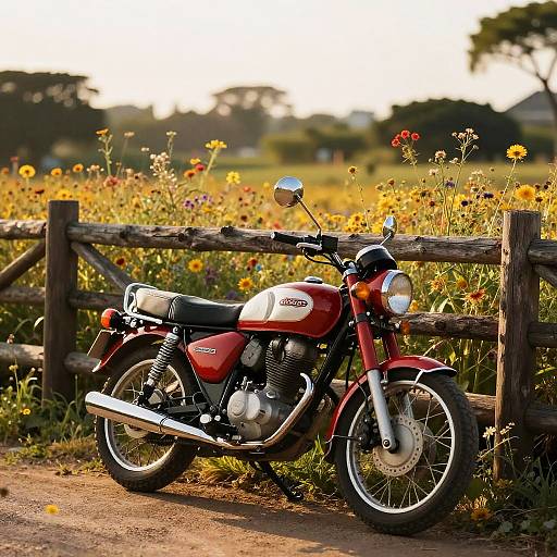 Classic Red Motorcycle by Rustic Fence