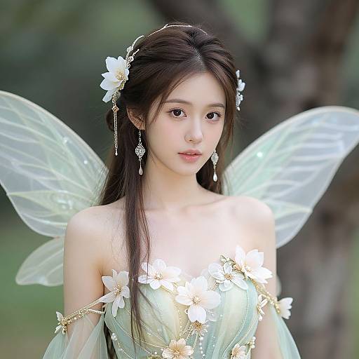 Photograph of an Asian woman with long dark hair, wearing a delicate fairy costume with translucent wings, flower headpiece, and off-shoulder dress