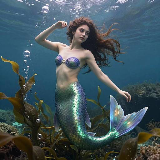 Photograph of a beautiful, green-scaled mermaid with long, flowing brown hair, wearing a purple seashell bra, underwater surrounded by seaw