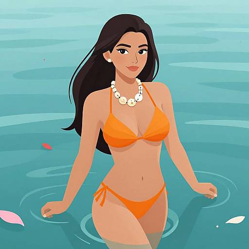 Digital illustration of a tan-skinned woman with long black hair, wearing an orange bikini and white flower necklace, standing in blue water.