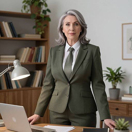 Photograph of a middle-aged woman with gray hair, wearing a green suit, white shirt, and gray tie, standing in an office with booksh