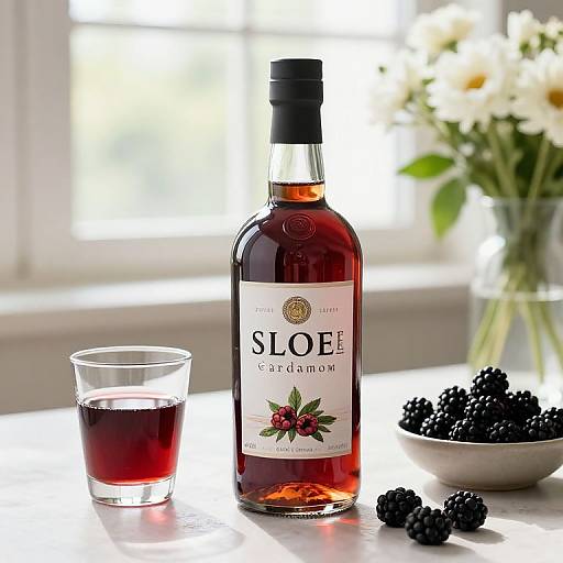 Photograph of a Sloe Gin bottle with a black cap, glass of sloe gin, bowl of blackberries, and vase with white flowers on