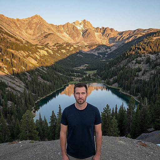 Photograph of a man with short brown hair and beard, wearing a black t-shirt, standing in front of a mountainous landscape with a reflective lake