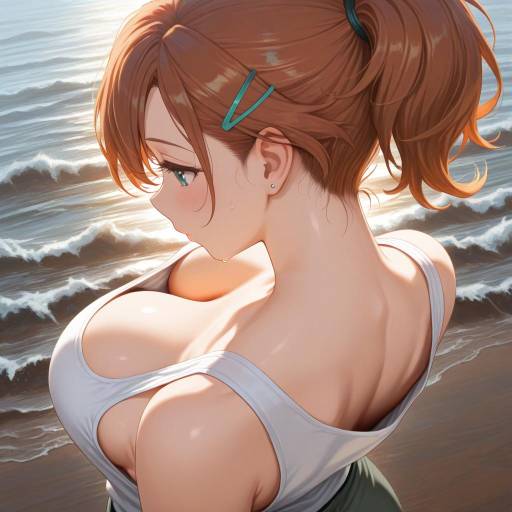 Anime Girl with Ponytail at Beach