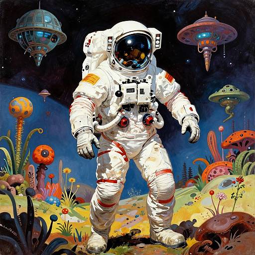 Digital illustration of a white space-suited astronaut standing on a colorful alien planet, surrounded by floating UFOs, vibrant flora, and a dark, star