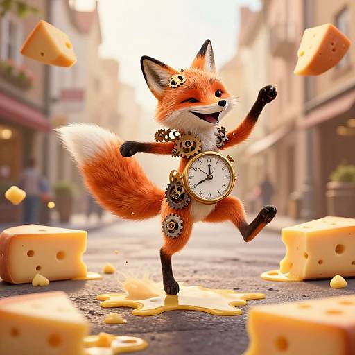 Cheerful anthropomorphic fox with clock necklace dancing on a cheese-filled street, surrounded by floating cheese slices in a sunlit alley.