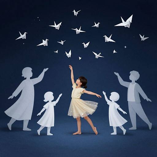 Digital illustration of a barefoot, brown-haired girl in a yellow dress, reaching up to white paper-birds against a dark blue background, fl