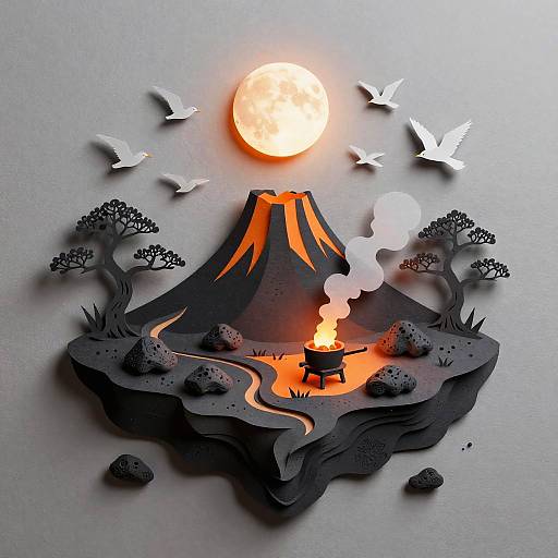 Paper Cut Volcanic Island Scene