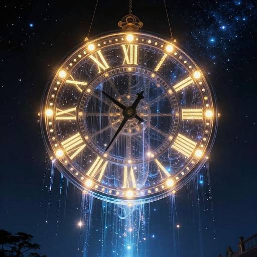 Glowing, illuminated clock with Roman numerals, surrounded by starry night sky, and icicle-like lights hanging below. Photograph.