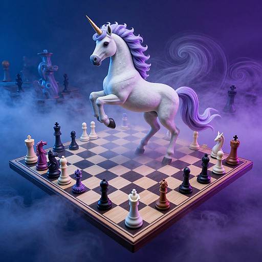 Digital artwork of a white unicorn with a purple mane and tail, rearing on a chessboard, surrounded by mist, with chess pieces in mid-game